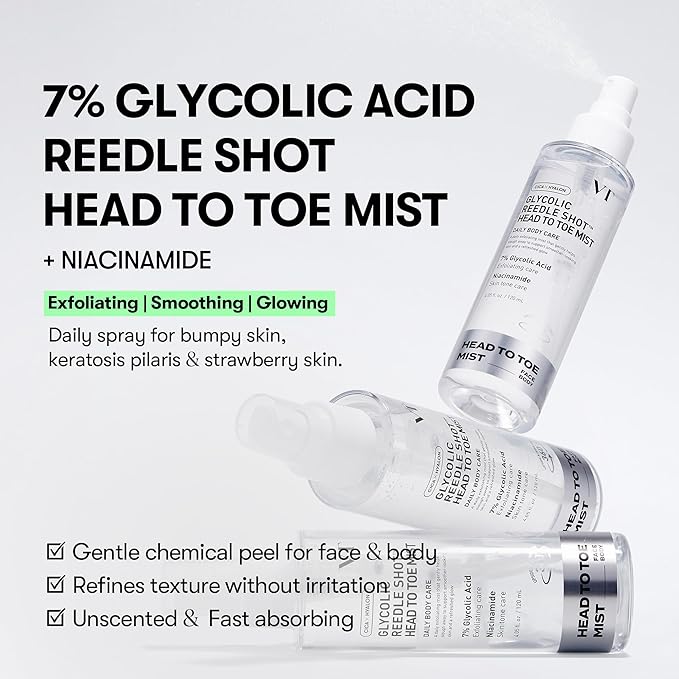 VT COSMETICS 7% Glycolic Acid Reedle Shot Head-to-Toe Mist with Niacinamide, Exfoliating Spray for Bumpy & Strawberry Skin, Dark Spots, Skin Texture, Keratosis Pilaris, Korean Skincare (4.05 fl oz)-FemmiqueWomen