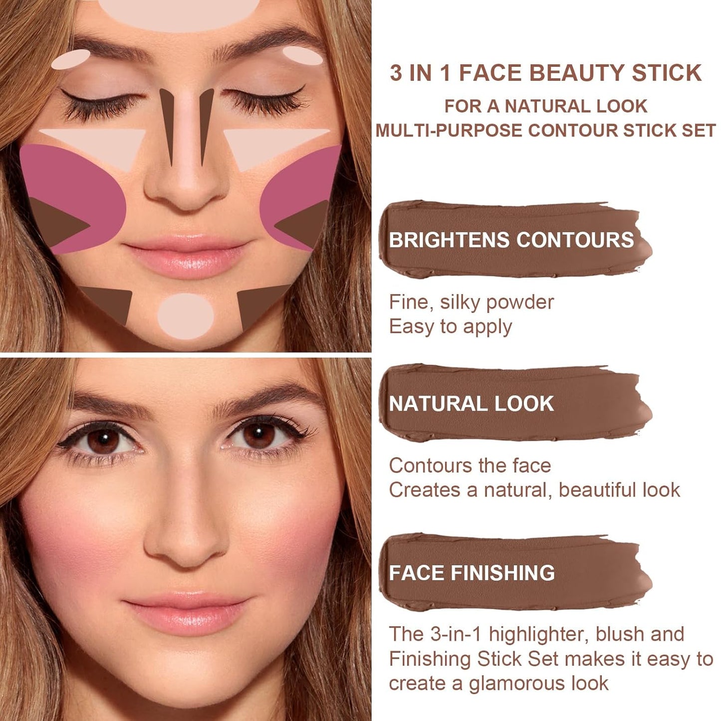 3 Colors Cream Contour Stick, Shades with Highlighter Stick,Blush Stick and Bronzer Contour Stick for Sculpt the Cheeks,Long Lasting,Waterproof,Matte & Dewy Finish for Women (LIGHT MEDIUM(2+5+6))-FemmiqueWomen