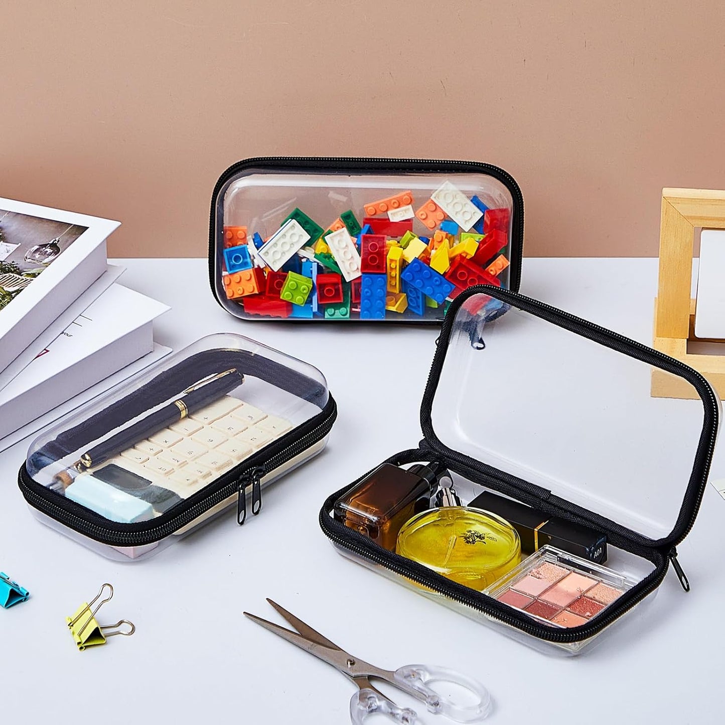 Hoolerry 3 Pcs Clear Hard Zipper Case Plastic Pouch Transparent Hard Case Clear Makeup Bag Portable Travel Organizer Bin for Cosmetics, Building Blocks, Puzzles(Black,S)-FemmiqueWomen