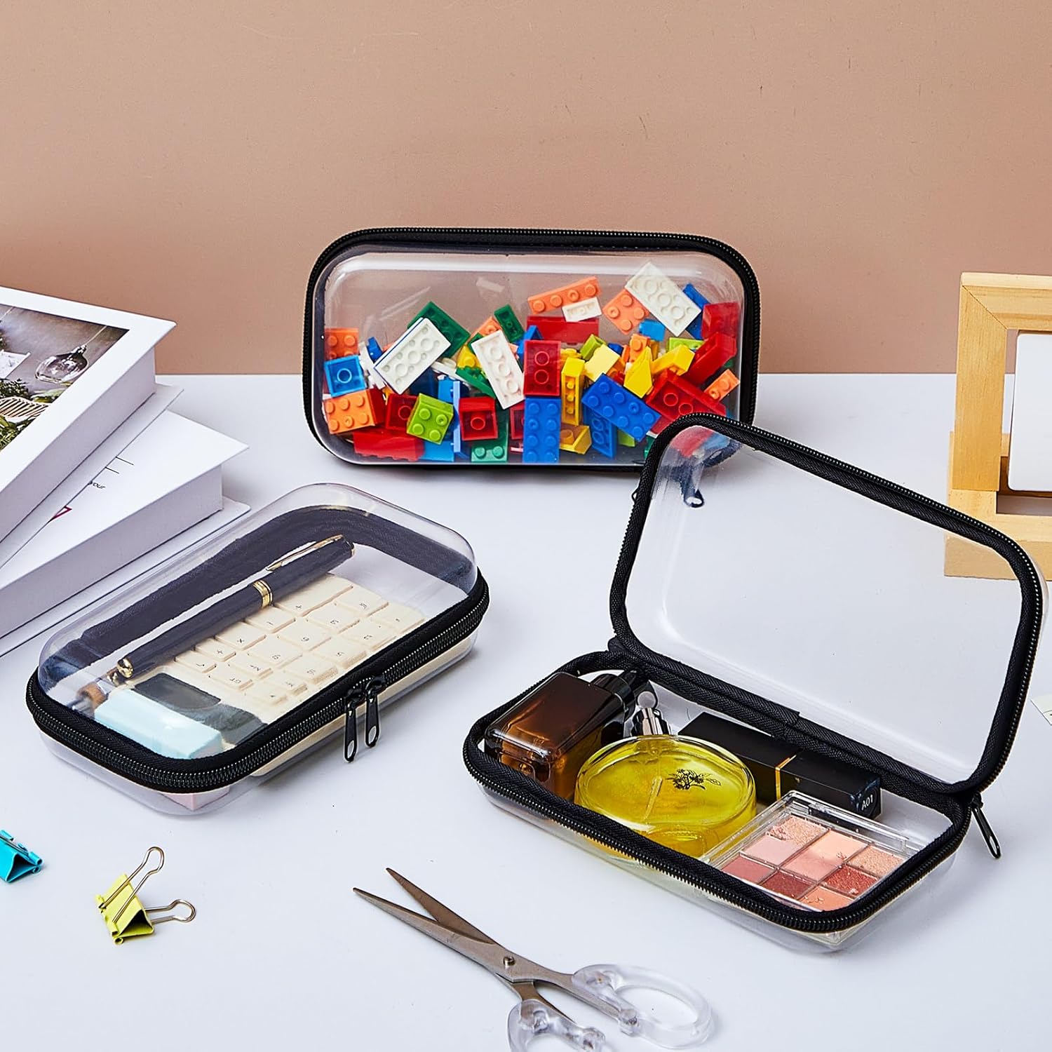 Hoolerry 3 Pcs Clear Hard Zipper Case Plastic Pouch Transparent Hard Case Clear Makeup Bag Portable Travel Organizer Bin for Cosmetics, Building Blocks, Puzzles(Black,S)-FemmiqueWomen