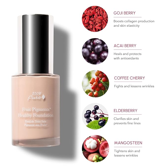 100% PURE Healthy Foundation Full Face Coverage Makeup, Liquid Matte Finish with Anti-Aging Benefits - Vegan - Gorgeous Fruit Pigmented Creme Color - (Fair with Warm Undertones) - 1 Fl Oz-FemmiqueWomen