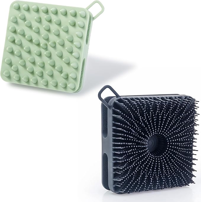 2 PC Silicone Exfoliating Body Scrubber, Silicone Body Shampoo Brush, Soft Silicone Loofah for Sensitive Skin, Shower Silicone Hair Scalp Massager, Easy to Clean, Lather Well(Black&Green)-FemmiqueWomen