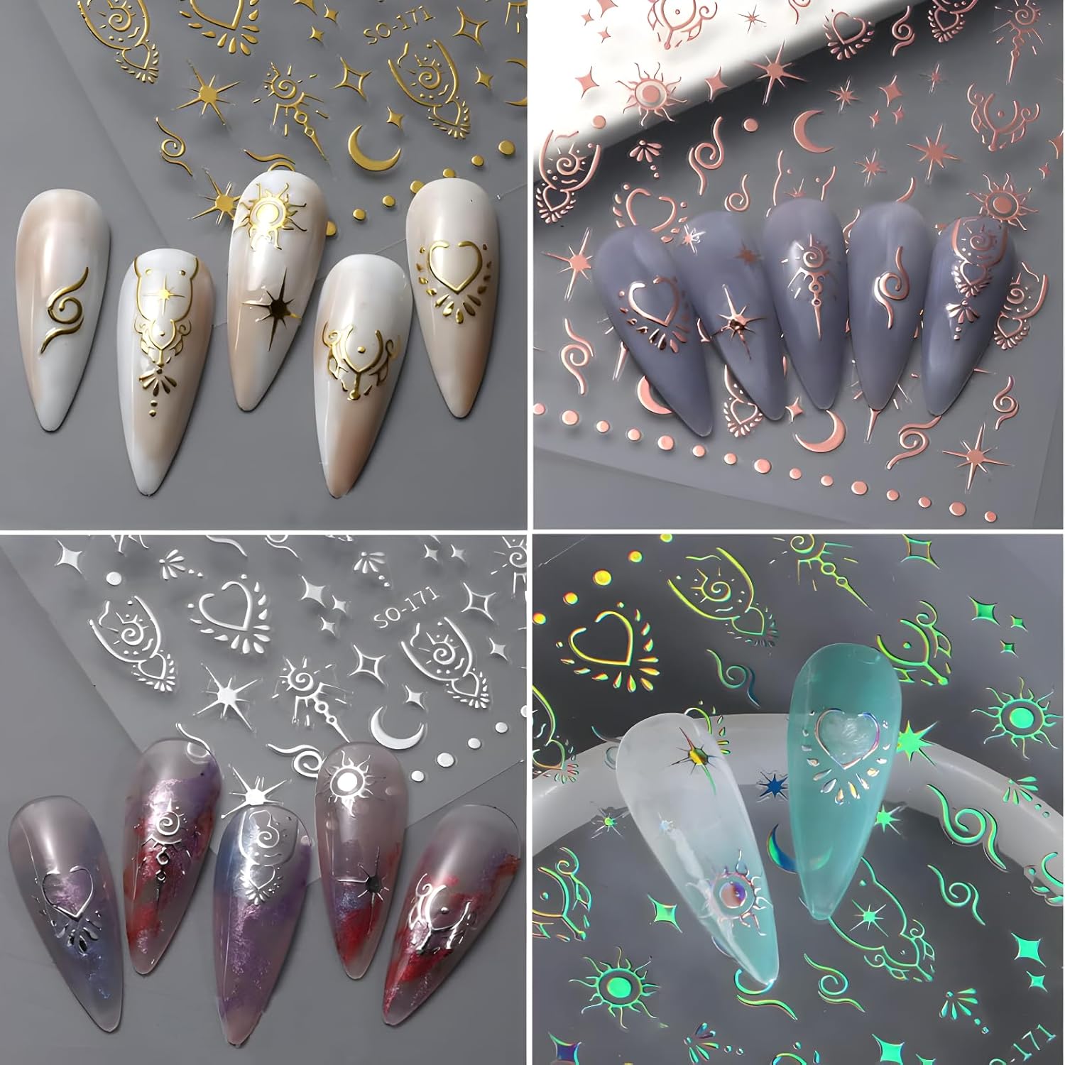 12 Sheets Star Nail Stickers for Nail Art Gold Moon Star Nail Art Stickers Decals 3D Self Adhesive Aurora Nail Decals Silver Star Nail Art Design Decoration Accessories for Women, Style 3-FemmiqueWomen