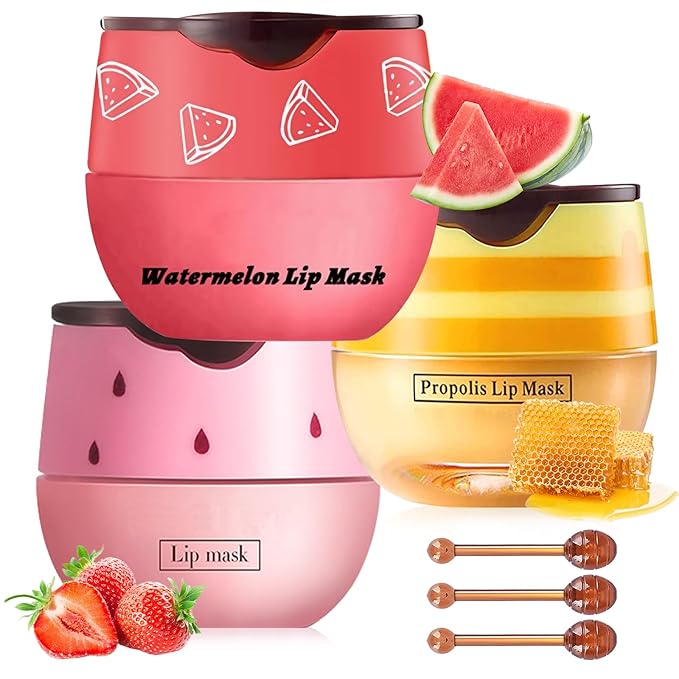 3 PCS Bee Lip Balm Lip Mask Honey Pot, Honey & Strawberry & Watermelon Lip Mask Propolis Moisturizing Lip Balm with Stick, Sleeping Lip Mask Hydrating Prevention Dry & Cracked Lip Scrubs (SET A)-FemmiqueWomen