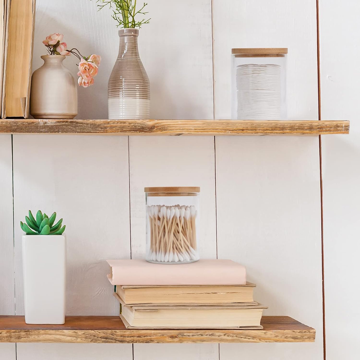 2 Pack Glass Qtip Holder Dispenser Set - Apothecary Jars with Lids - Vanity Makeup Organizer and Bathroom Canister Storage Organizer for Cotton Ball, Swab, Round Pads,Floss-FemmiqueWomen