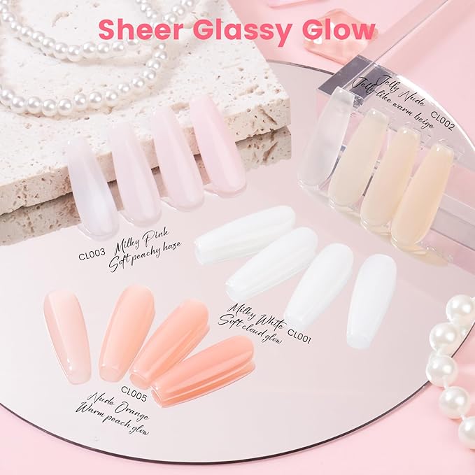 Jelly Gel Nail Polish Kit with U V Light, Hema-Free Milky Jelly White Pink Nude Orange Gel Polish Set with Base & Top Coat Chrome Nail Powder, 4 Colors Mini Salon Nail Art Starter Gift for Women Girl-FemmiqueWomen