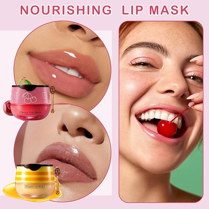 2PCS Bee Lip Balm Honey Pot Cherry Honey Lip Balm Sleeping Lip Mask Silky Hydrating Bee Lip Balm Honey Lip Mask Overnight Lip Care Products(Honey+Cherry)-FemmiqueWomen