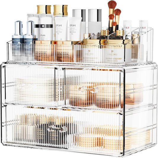 ZHIAI Stackable Cosmetic Organizer, Acrylic Cosmetic Organizer for Dresser, Vanity, Kitchen Cabinet, Bathroom, Under Sink, Home Organization and Storage (1 Top 3 Drawers)-FemmiqueWomen