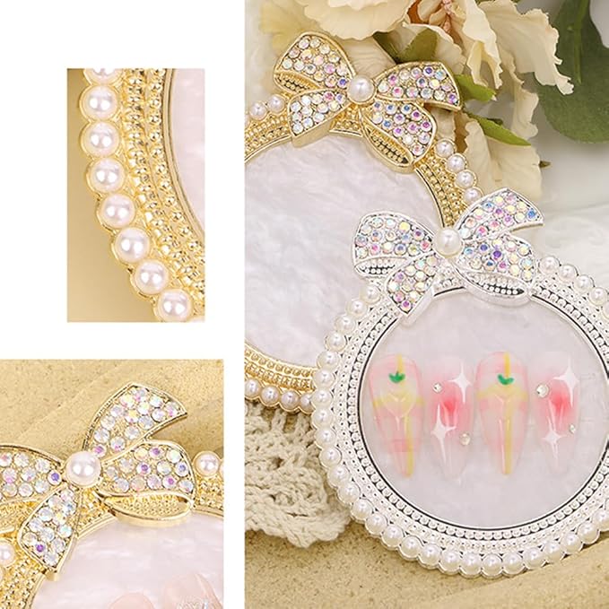 2 Pack Bow with Rhinestones Pearl Nail Art Palette Nail Polish Art Painting Mixing Palette Holder Pearl Edge Professional Cosmetic Nail Art Tools for Women and Girls Nail Polish Display-FemmiqueWomen