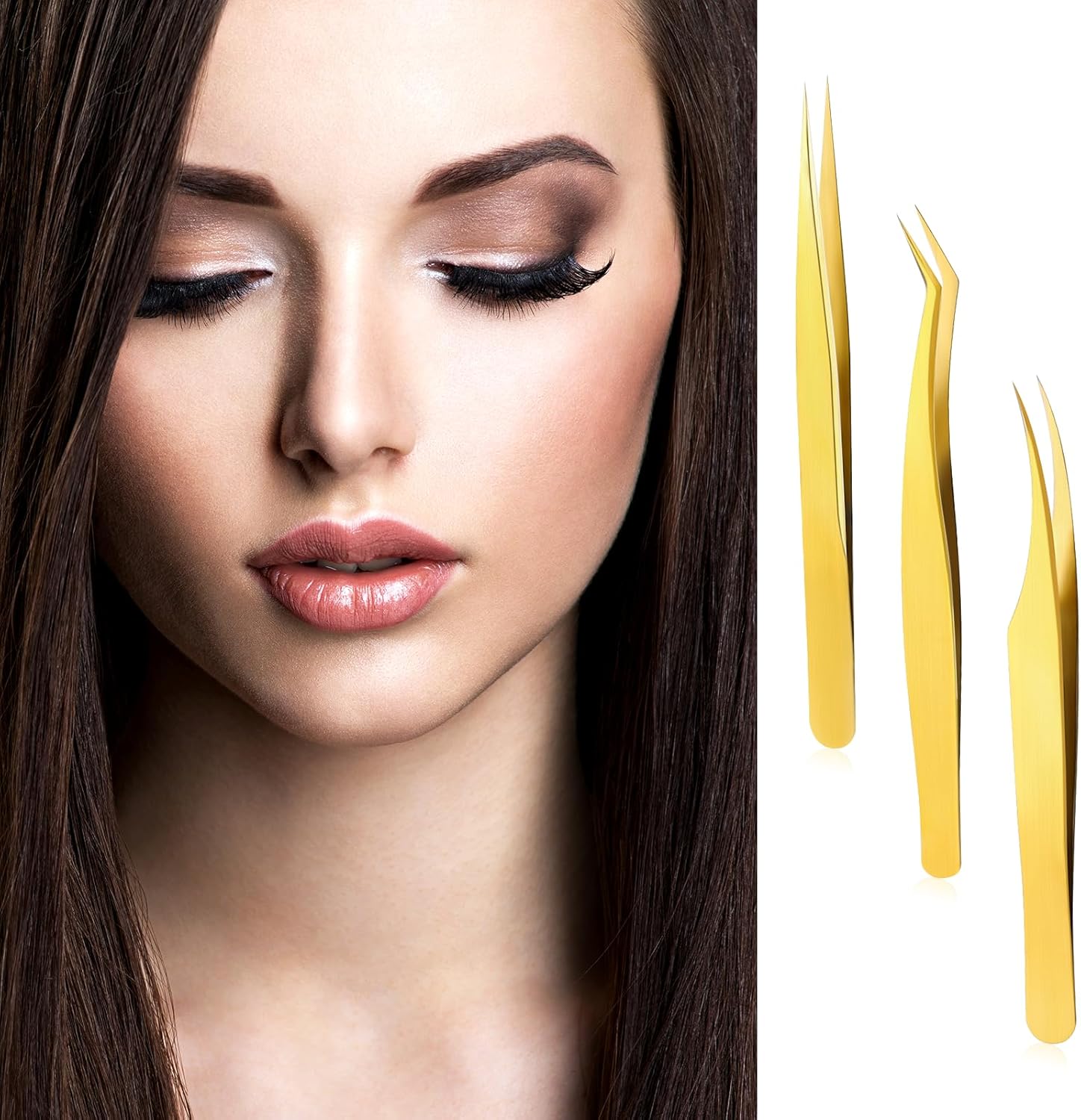 3 PCS Lash Tweezers for Eyelash Extensions, High Precision Gold Metal Tweezers Set Fiber Tip and Curved Isolation Tweezers Eyelash Extension Tools for Women Volume Lash, Crafting, Jewelry Making-FemmiqueWomen