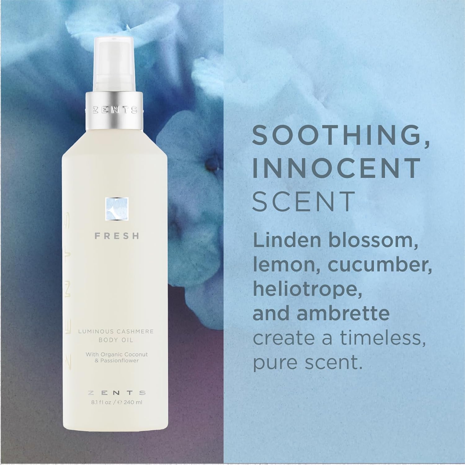 Zents Luminous Cashmere Body Oil (Fresh Fragrance) | Moisturizing Body Oil with Vitamin E & Organic Coconut Oil | Softens & Smooths Skin | 8 fl oz-FemmiqueWomen