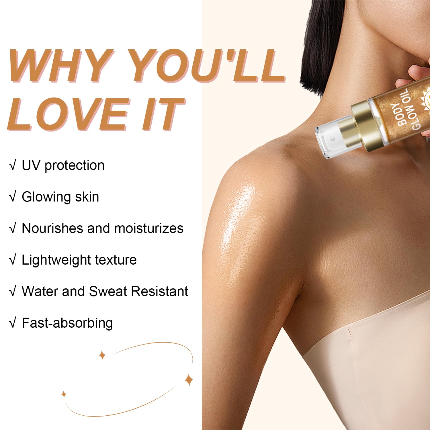 Body Glow Oil, Sunscreen Shimmer Oil, SPF 45 Broad Spectrum, Body Oil with with Coconut Oils, Moisturizing Glow for Face & Body, Liquid Illuminator Highlighter, Water Resistant, 3.72 fl oz (#3 AMBER)-FemmiqueWomen