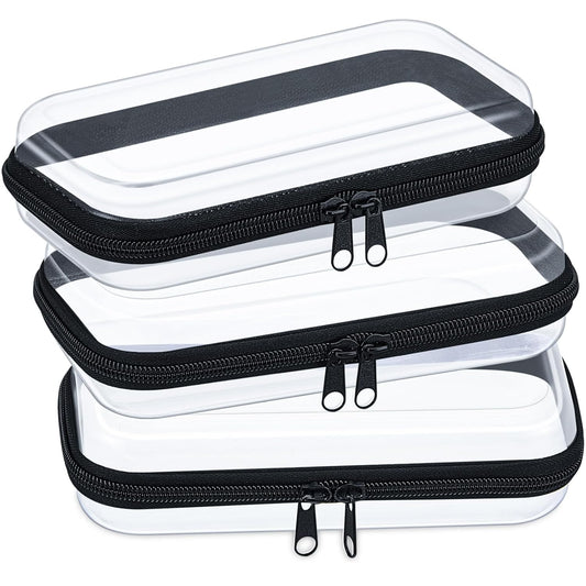 Hoolerry 3 Pcs Clear Hard Zipper Case Plastic Pouch Transparent Hard Case Clear Makeup Bag Portable Travel Organizer Bin for Cosmetics, Building Blocks, Puzzles(Black,S)-FemmiqueWomen