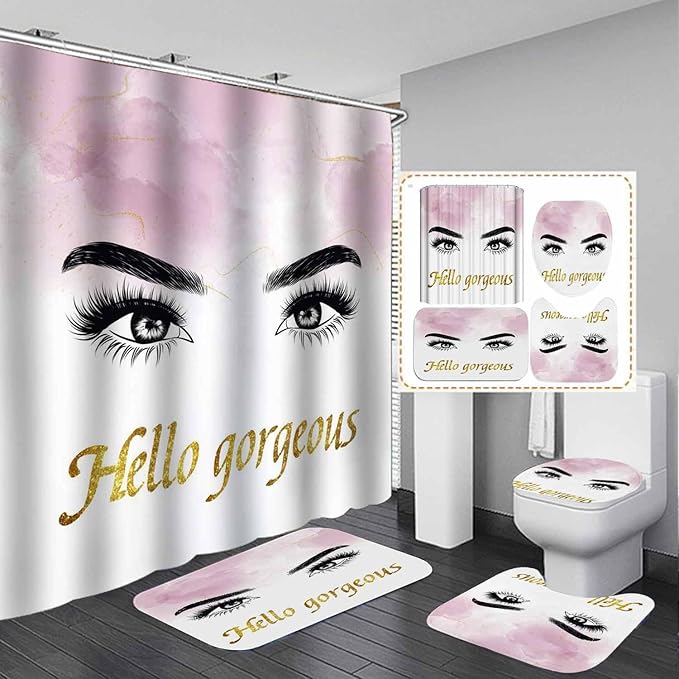 4PCS Hello Gorgeous Eyelash Shower Curtain Set, Gold Glitter Quotes Black Eyebrow Makeup Pink Marble Glam Modern Fashion Girly Women Bathroom Decor, Non-slip Bath Mat Toilet Rug, Charming Eyes-FemmiqueWomen