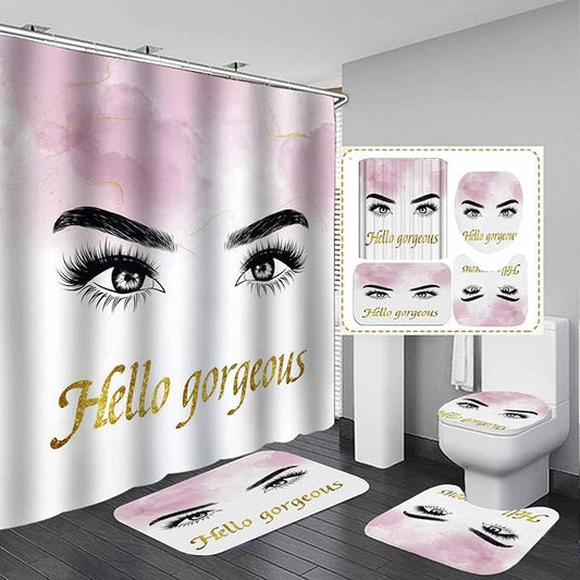 4PCS Hello Gorgeous Eyelash Shower Curtain Set, Gold Glitter Quotes Black Eyebrow Makeup Pink Marble Glam Modern Fashion Girly Women Bathroom Decor, Non-slip Bath Mat Toilet Rug, Charming Eyes-FemmiqueWomen