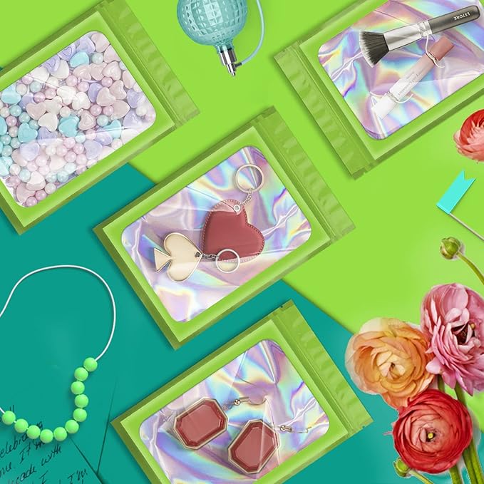 100 Pack Holographic Bags,Smell Proof Packaging Bags, Clear Window Resealable Odor Foil Pouch Mylar Bags for Food Storage and Lipgloss, Jewelry Lash(Green, 2.4 x 3.9 Inch)-FemmiqueWomen