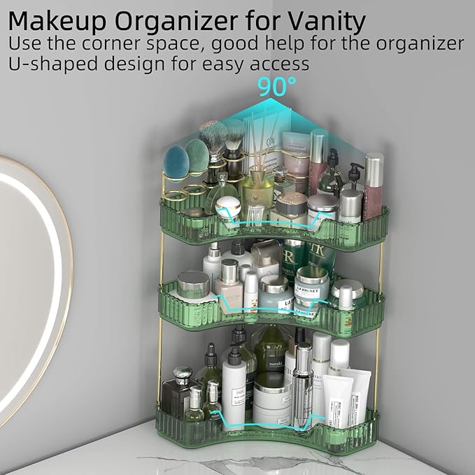3 Tier Corner Bathroom Organizer Countertop, Vanity Makeup Organizer with Brush Holder, Space-Saving Skincare Storage Corner Shelf for Bathroom, Dressing Table, Kitchen-FemmiqueWomen