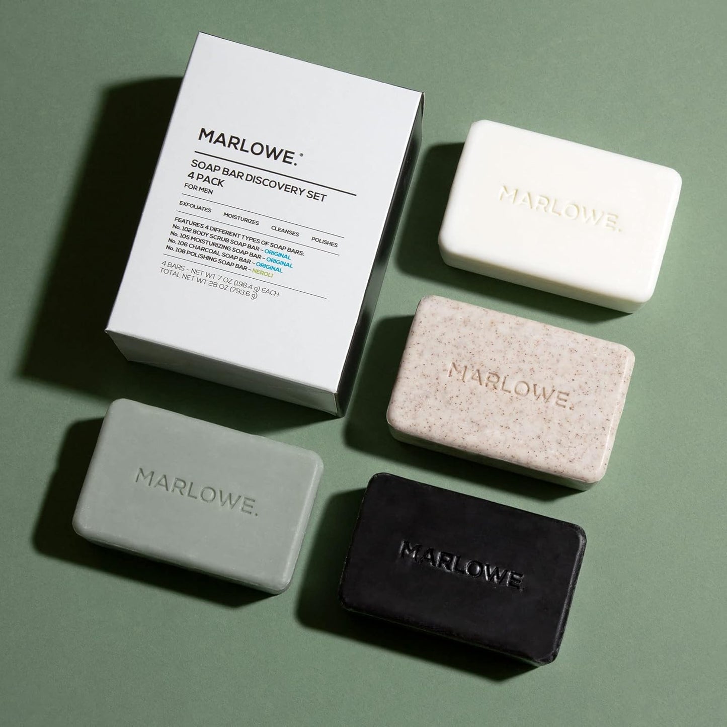 MARLOWE. Soap Discovery Gift Set, Mens Skin Care Variety Selection of Exfoliating Body Scrub, Charcoal, Moisturizing & Polishing Body Bar Soaps for Men, 4 Pack-FemmiqueWomen