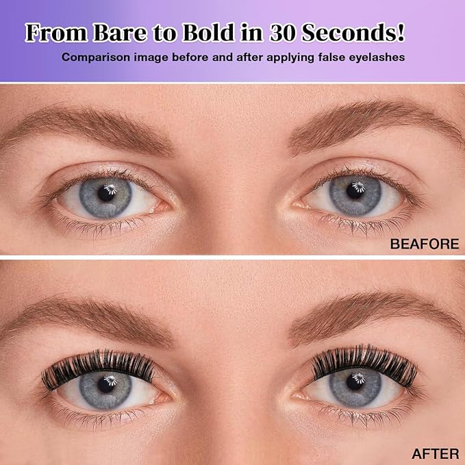 Fluffy False Eyelashes Kit With Bond, Seal and Tweezer, 7 Pairs Natural Look Fake Cat Eye Lashes Strips Thin Band Extensions Waterproof Easy Eyelashes for Beginners DF100-FemmiqueWomen