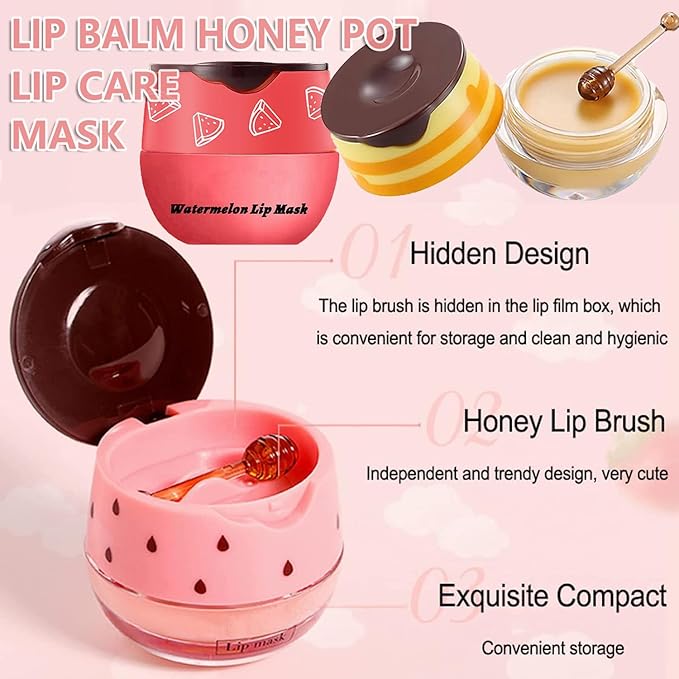 3PCS Bee Lip Balm Honey Pot,Honey Strawberry Watermelon Lip Mask Overnight Moisturizing Lip Balm,Hydrating Prevention Dry & Cracked Nourishing Sleeping Lip Mask (Honey+Strawberry+Watermelon)-FemmiqueWomen
