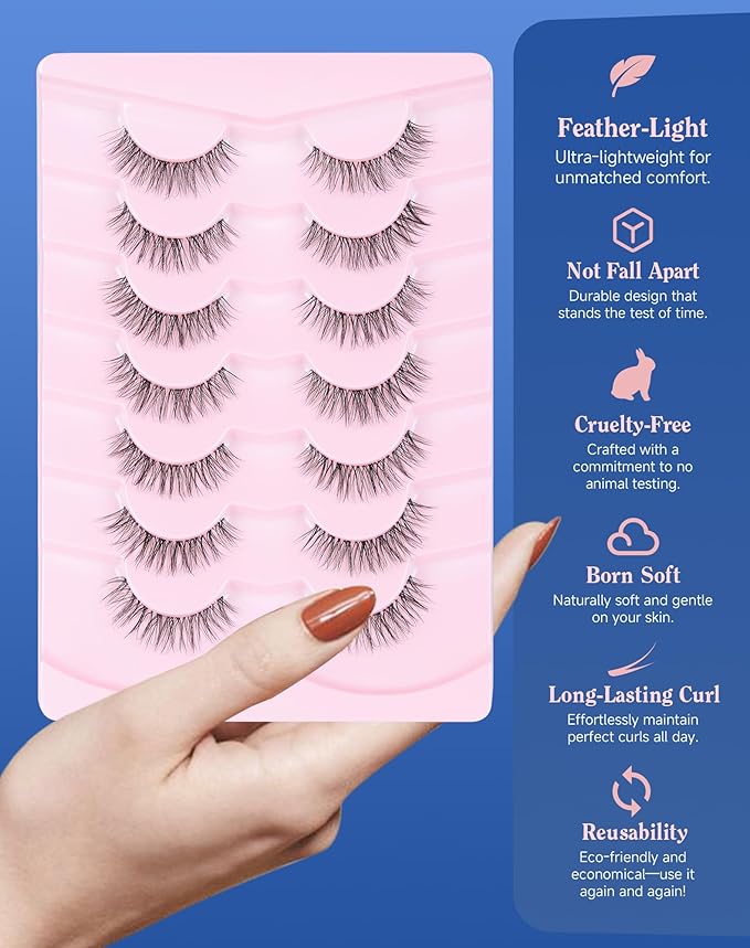 Short Lashes Natural Look Everyday Wispy Eyelashes Mink Flared Eyelashes Strip False Eye Lash Soft Clear Band 7 Pairs SF-05-FemmiqueWomen