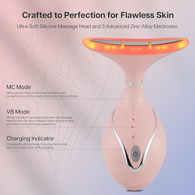 Iris Neck Face Massager, Pro Face Sculpting Tool with Charging Base, All-in-1 Facial Device for Enhanced Absorption, Radiance, Contouring, Elasticity, Home Facial Spa (Pink)-FemmiqueWomen