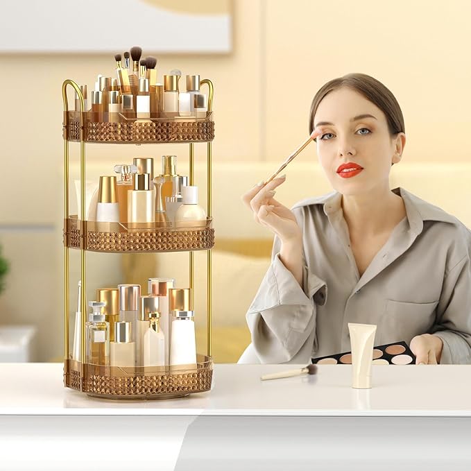 Rotating Makeup Organizer for Vanity 3 Tier, Perfume Organizer with Makeup Brush Holder, Large Capacity Cosmetics Clear Skincare Organizer for Countertop (Pink)-FemmiqueWomen