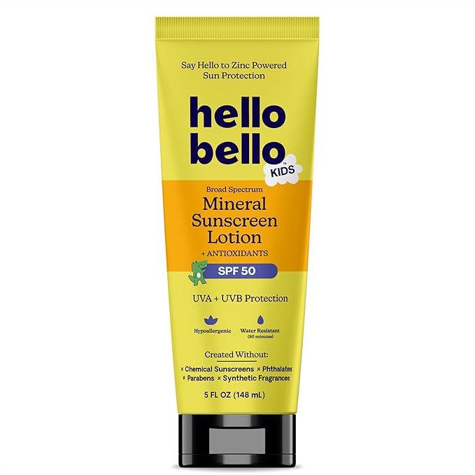 Hello Bello Kids Mineral Sunscreen SPF 50 Lotion - Broad Spectrum Sun Protection for Sensitive Skin - Water Resistant with Antioxidants - 5oz-FemmiqueWomen