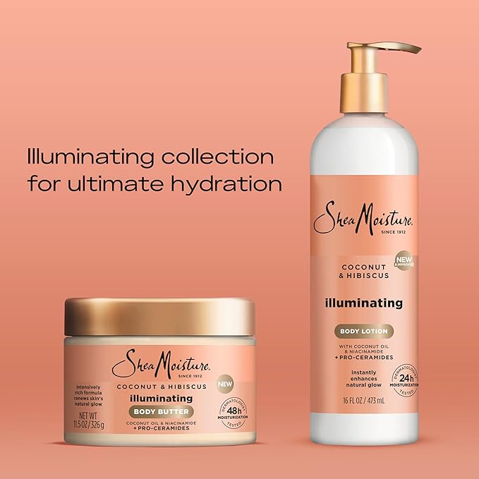 SheaMoisture Illuminating Body Lotion with Coconut Oil, Hibiscus, Niacinamide and Pro-Ceramides, Instantly Enhancing Skin's Natural Glow, 24H Moisturizing 16 oz-FemmiqueWomen