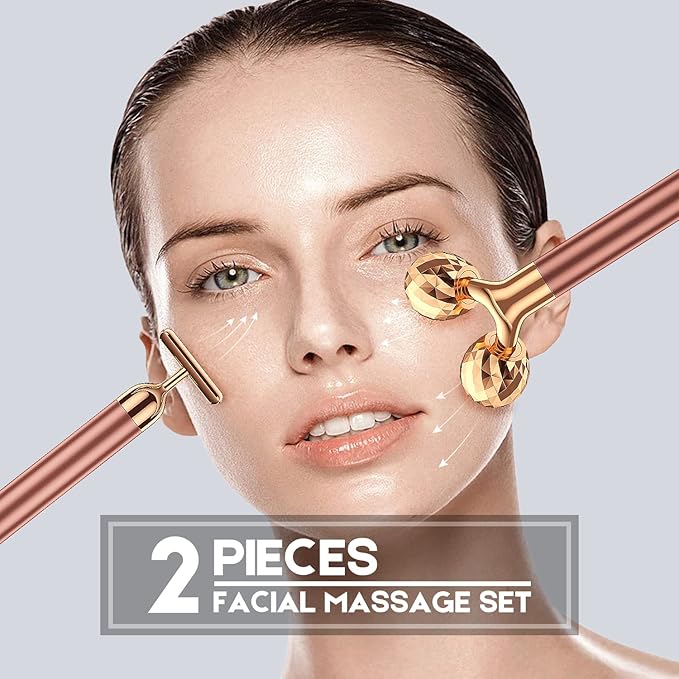 2-IN-1 Beauty Bar 24k Golden Pulse Facial Face Massager, Electric 3D Roller and T Shape Arm Eye Nose Head Massager Facial Roller Massager Kit Skin Care Tools-FemmiqueWomen