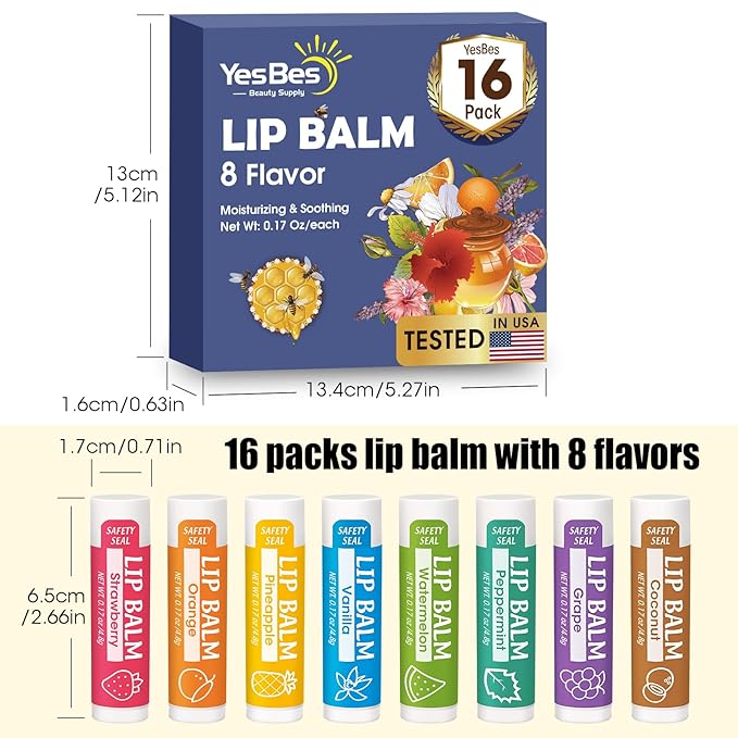 16 Pack Lip Balm, Natural Lip Balm Bulk with Vitamin E and Coconut Oil, Moisturizing Lip Balm for Dry Cracked Lips, Lip Balm for Stocking Stuffers - 8 Flavors-FemmiqueWomen