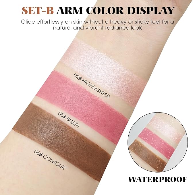 3Pcs Cream Contour Stick Makeup Kit - Cream Blush Stick Highlighter Stick Contour Bronzer Stick for Cheeks, Waterproof Long Lasting Blendable, Contour Stick Trio for Face Makeup (#02, 05, 06)-FemmiqueWomen