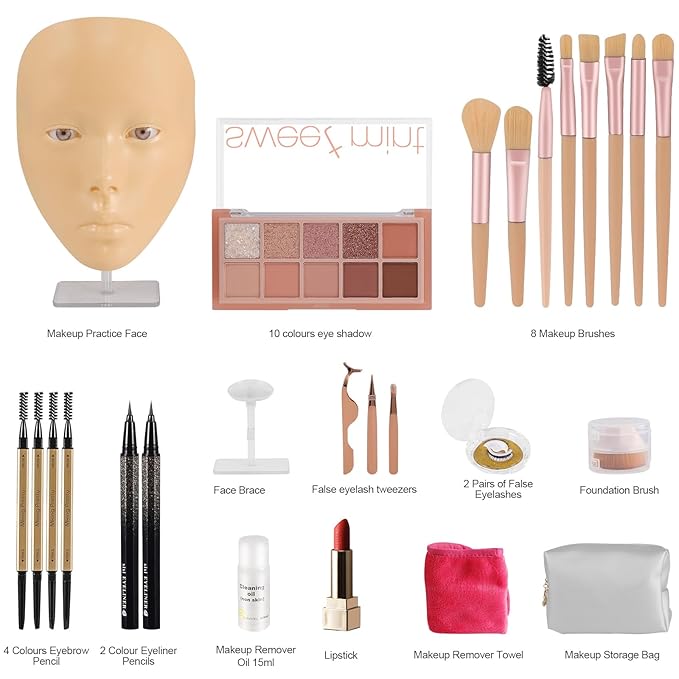 3D Makeup Practice Kit,Reusable Silicone Makeup Practice Face Board/Makeup Mannequin Face,with Makeup Brushes Set&Eyebrow Pencils&Eyelashes&a Makeup Bag&makeup remover towel&Eyeshadow&Lipstick-FemmiqueWomen
