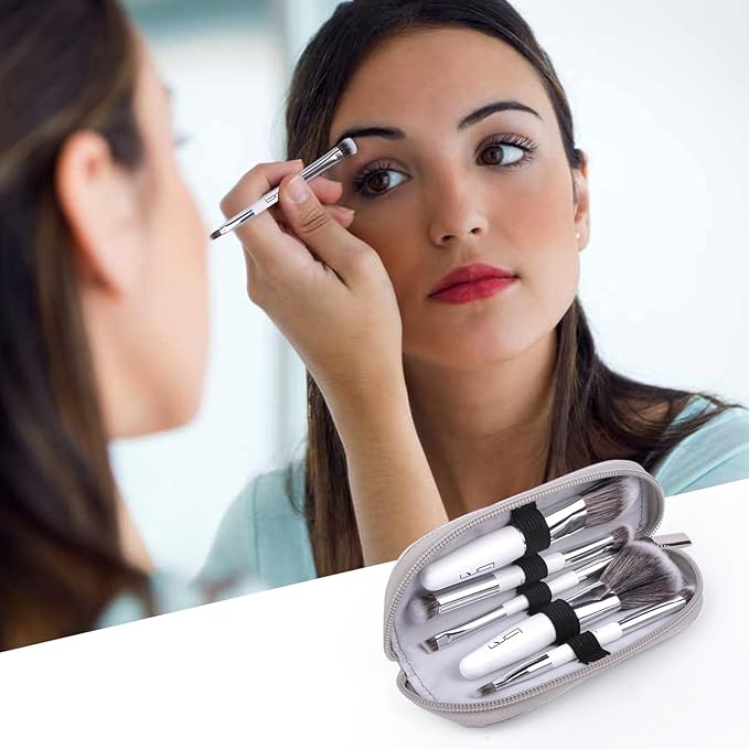 Travel Makeup Brushes Set w/Pouch, 5PCS Double Ended Portable Mini Cosmetic Brushes Kit for Foundation, Eyeshadow, Lip, Blush Make Up Brushes Professional(White)-FemmiqueWomen