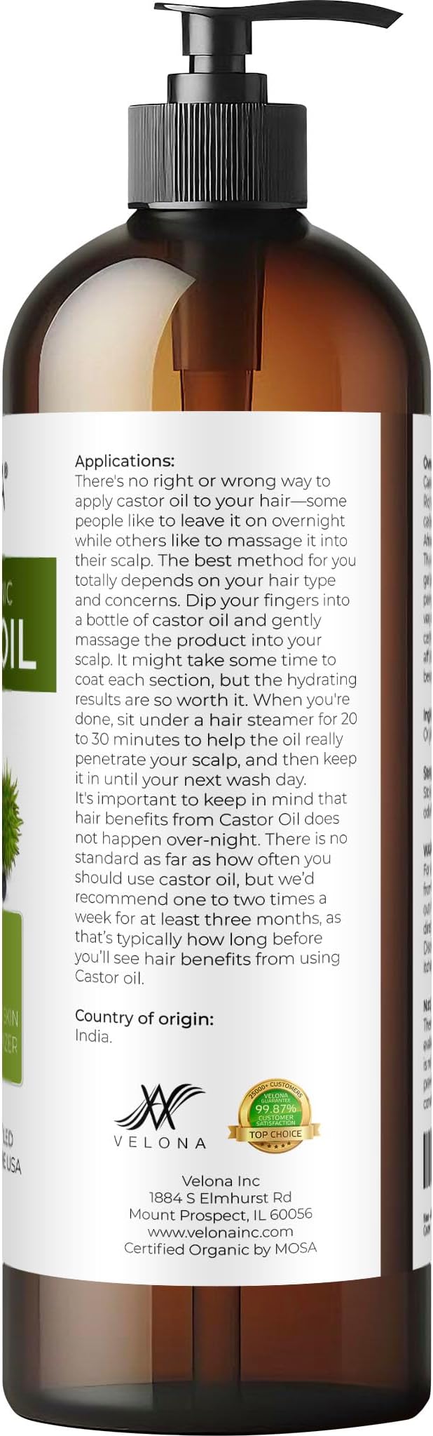 velona USDA Certified Organic Castor Oil - 16 fl oz (With Pump) | For Hair Growth, Boost Eyelashes, Eyebrows | Cold pressed, Natural Oil, USP Grade | Hexane Free, Lash Serum, Caster-FemmiqueWomen