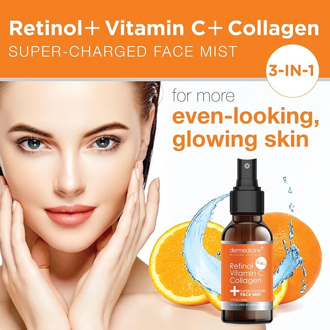 3 in 1 Super-Charged Anti-Aging Face Mist w/Retinol, Vitamin C + Collagen | Hydrates, Refreshes & Brightens for a More Glowing Complexion | 2 fl oz, 60 ml-FemmiqueWomen