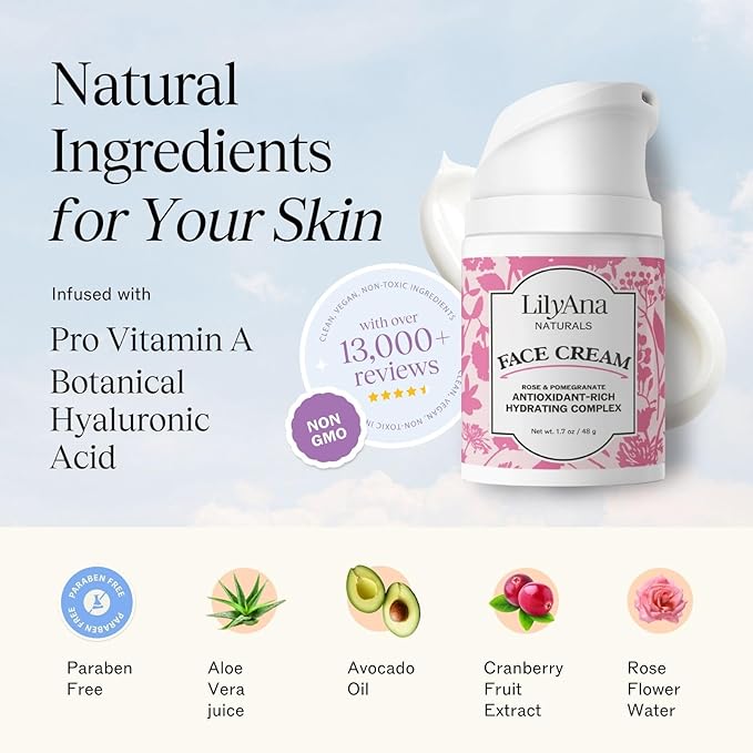 LilyAna Naturals Face and Neck Moisturizer for Women and Men - Moisturizer Face and Neck Cream for Dry Skin and Dark Spot Brightening - Rose and Pomegranate Extracts - 1.7oz-FemmiqueWomen