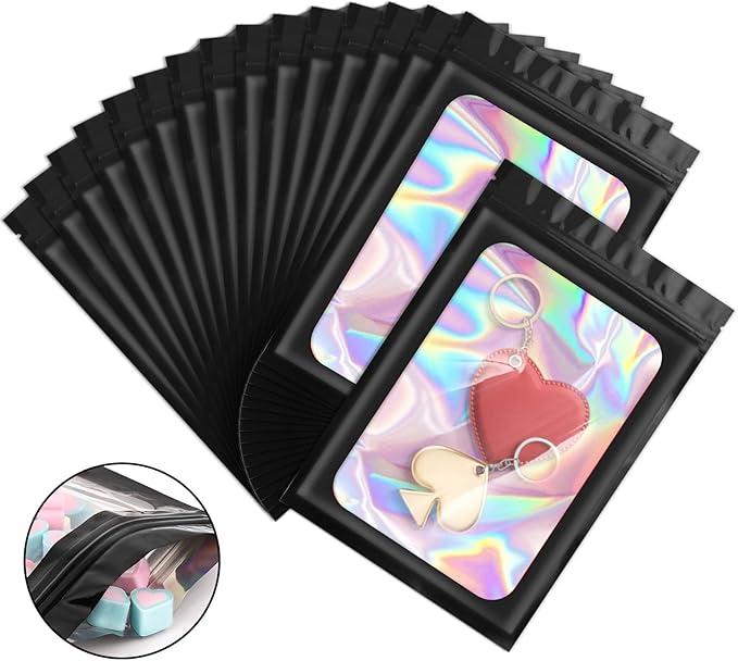 100 Pieces Smell Proof Mylar Bags, Holographic Packaging Bags, Resealable Odor Foil Pouch Zipper Bag with Clear Window for Food Storage and Lipgloss, Jewelry Lash (Black, 4 x 6 Inch)-FemmiqueWomen