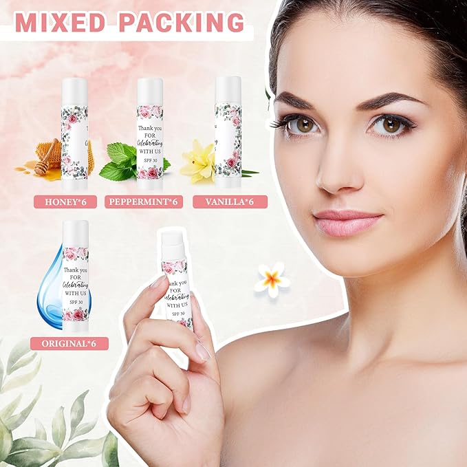 24 Pcs SPF 30 Lip Balm Bulk for Summer Wedding Baby Shower 4th of July Party Sunscreen Lip Balm Sticks Outdoor Travel Sunscreen Care Lip Balm for Thank You Gifts Party Supplies (Floral)-FemmiqueWomen