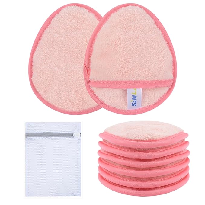 SINLAND Reusable Makeup Remover Pads For Face,Eye,Lips Microfiber Gentle Facial Cleansing Cloths for All Skin Types Friendly for Makeup Remover With Laundry Bag 5.1inchx3.93inch Pink Pack of 6-FemmiqueWomen