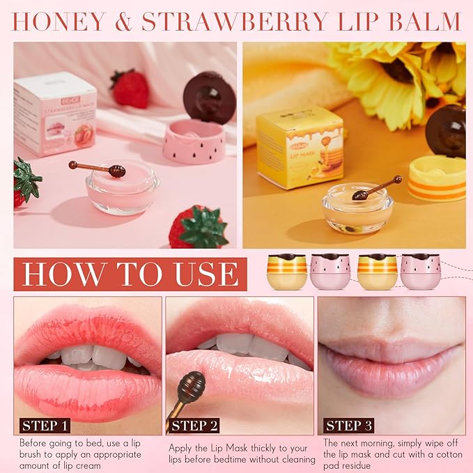 12 Pcs Bee Lip Balm Honey Pot with Brush Propolis Lip Mask Overnight, Moisturizing Hydrating Lip Sleeping Mask Prevention Dry and Cracked(Honey+Strawberry)-FemmiqueWomen