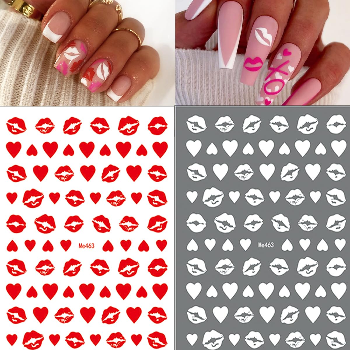 10 Sheets Valentine's Day Nail Art Stickers Sexy Lips Nail Decals 3D Holographic Heart Nail Stickers Self-Adhesive Design Black White Gold Silver Laser Valentines Stickers for Women Nail Decoration-FemmiqueWomen