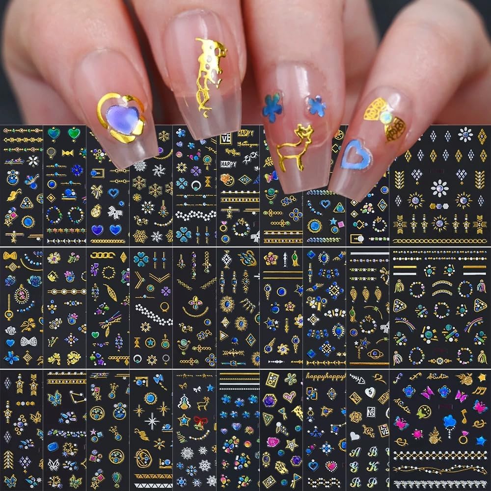 30 Sheets Gem Star Nail Stickers 3D Self Adhesive Luxury Blue Gems Theme Nail Art Charms Sticker Decals for Crafts Supplies Accessories (ST-BG)-FemmiqueWomen