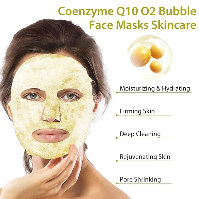 10 Sheets Coenzyme Q10 O2 Bubble Masks for Face, Bubble Face Mask Skincare for All Skin Types, Deep Cleansing Moisturizing Facial Mask Skin Care for Pores, Firming, Purifying, Sheet Masks for Spa-FemmiqueWomen