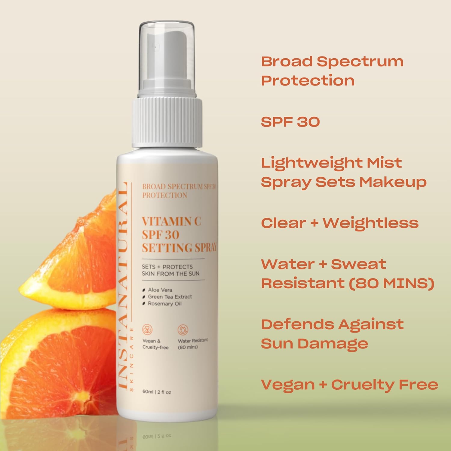 InstaNatural Skin Care Vitamin C SPF 30 Broad Spectrum Sunscreen Make Up Setting Spray, Brightens & Hydrates, UVA, UVB Sun Protection Sunblock, with Aloe Vera & Botanicals, Pump Bottle, 2 Fl Oz-FemmiqueWomen