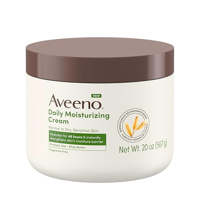 Aveeno Daily Moisturizing Cream with Prebiotic Oat & Shea Butter for Body, Face & Hands Moisturizer Cream, Hydrates Normal to Dry, Sensitive Skin, Fragrance Free, Non-Comedogenic, 20 oz-FemmiqueWomen