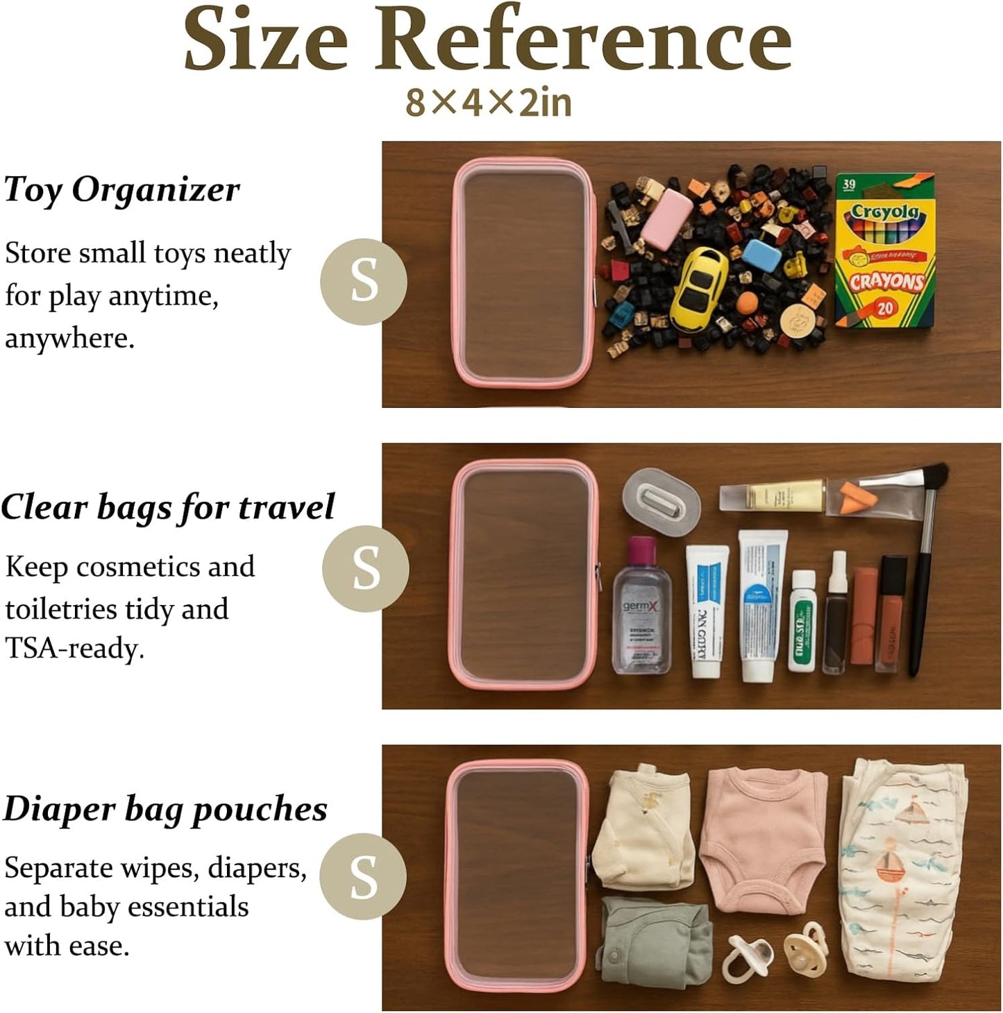 4 pcs Clear Zipper Pouches,Hard Shell Zipper Case, Toiletry Bag for Travel, CLear Diaper Bag, Toiletry Pouch, Travel Organizer, Clear Cosmetic Bag,Toy Storage Bins (M+3S) (Light Pink)-FemmiqueWomen