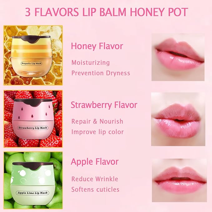 3 PCS Bee Lip Mask Lip Balm Honey Pot, Strawberry & Honey Lip Sleeping Mask Hydrating Prevention Dry and Cracked Lip Scrubs Exfoliator,Lip Mask Overnight Reduces Lip Lines-FemmiqueWomen