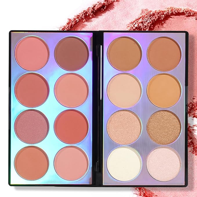 16 Colors Blush Contour Highlighter Makeup Palette with Brush, Shimmer Matte Mineral Face Blush Powder for Cheek, All in One Face Sculpting Bronzer Blusher Illuminator Concealer Palette-FemmiqueWomen