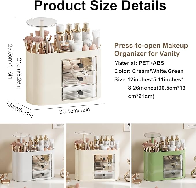 DASITON Makeup Organizer with 3 Drawers,Automatic Lifting Makeup Brush Holder with Lid,Large Capacity Makeup Organizers for Vanity,Bathroom Countertop,Ideal Storage Skin Care,Brushes,Lipstick (Cream)-FemmiqueWomen
